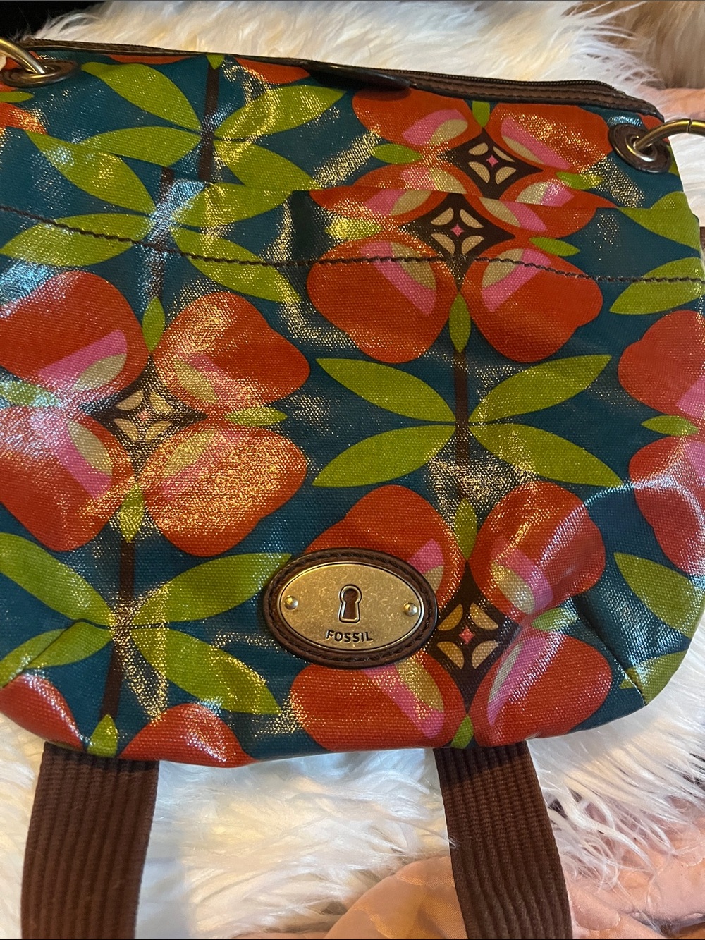 Fossil Teal Floral Shoulder Bag with Orange and Green Accents